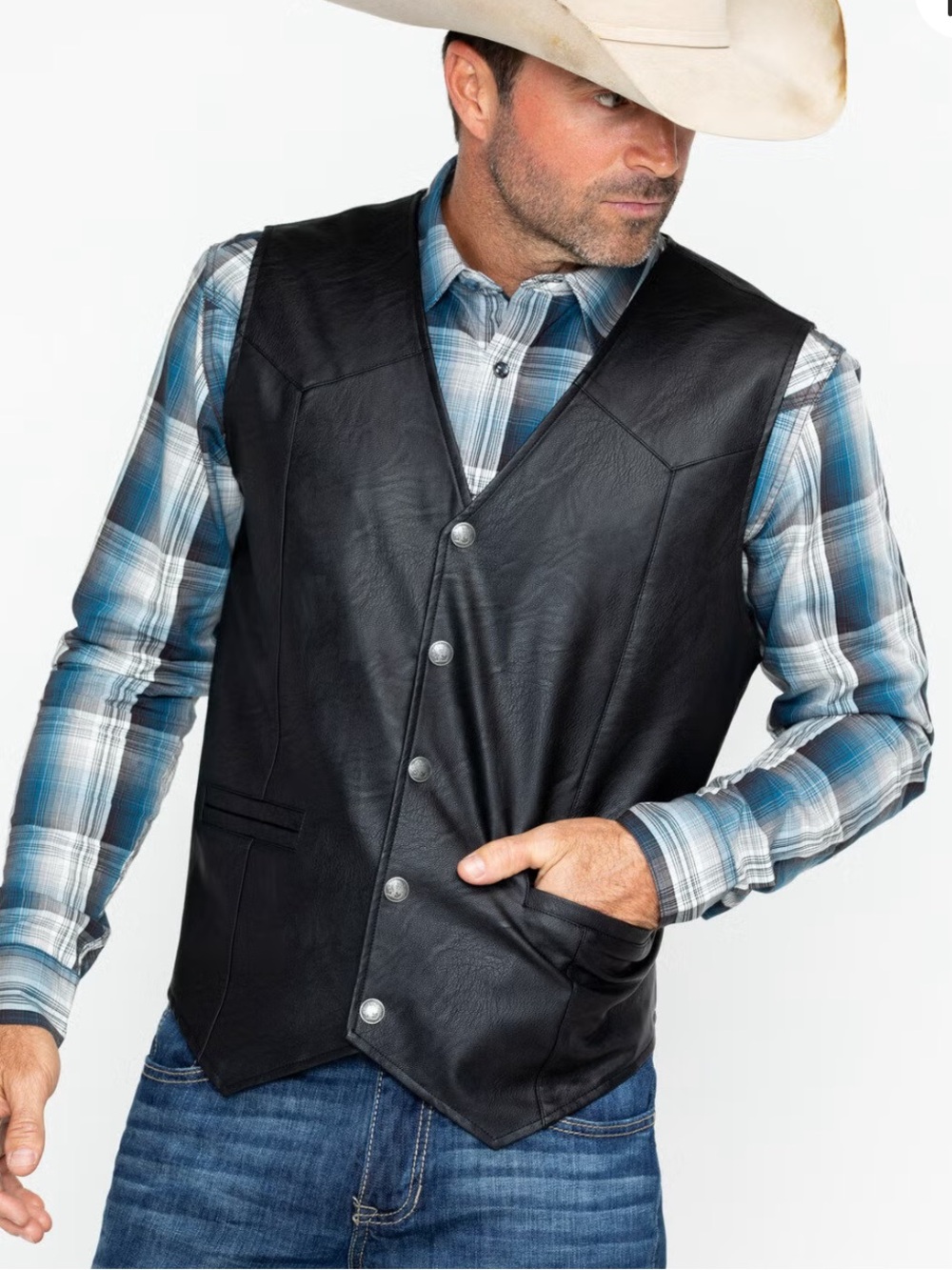 Cody James Men's Black Leather Western Vest - Classic Snap Front